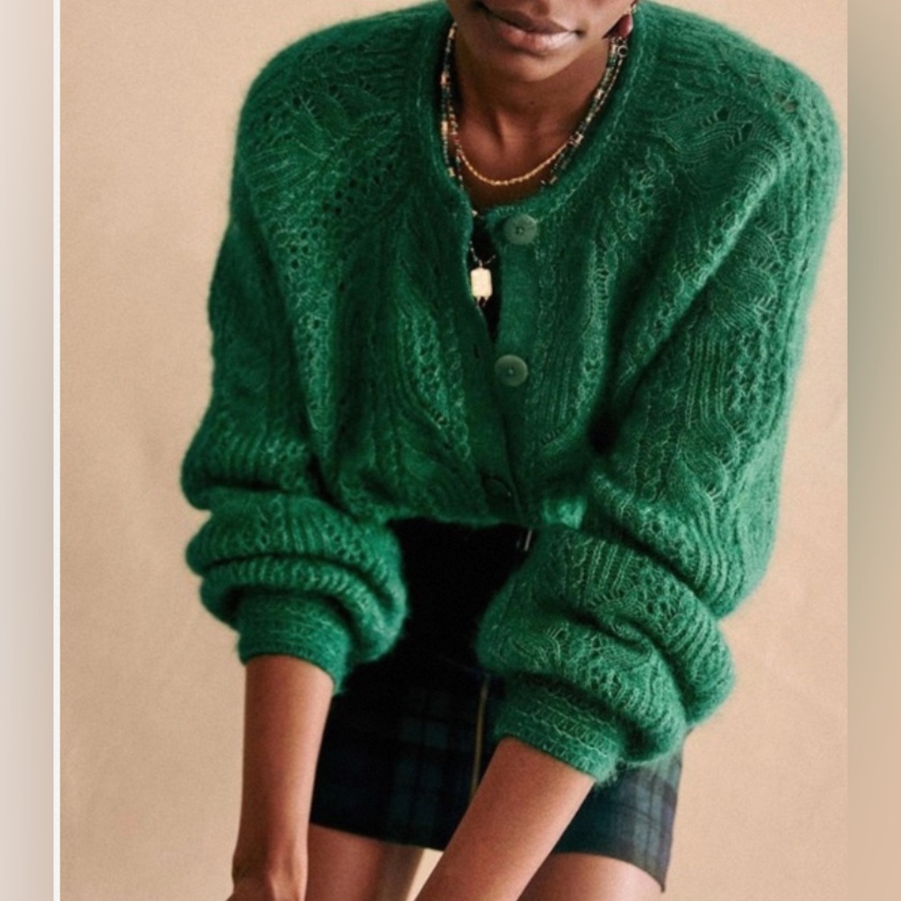 Sezane Women Alma Elegant Green Cable Knit Sweater - Picture 2 of 9